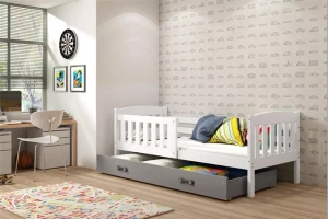 Jacquot 90x190 pat single pentru adolescenți cu saltea și sertar, alb/gri