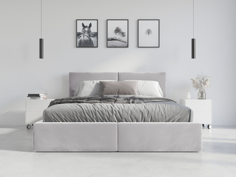 Pat tapițat pentru dormitor HILTON 140X200 cu cutie de depozitare, gri cenușă