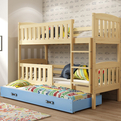 KUBUŚ 90X200 pat de tineret pentru trei persoane cu sertar, pin/albastru
