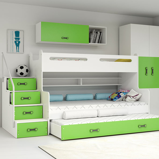Pat de tineret triplu MAX 3 120X200 cu saltea și sertar, verde
