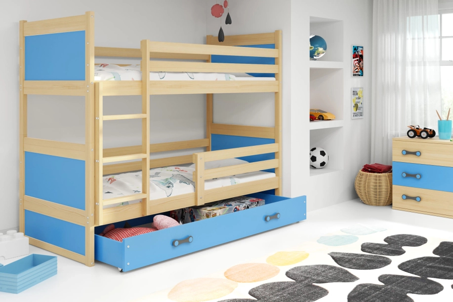 Pat supraetajat junior RICO 90X200 cu saltea și sertar, pin/albastru