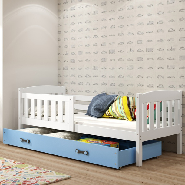 KUBUŚ 90X200 pat single pentru tineri cu saltea și sertar, alb/albastru