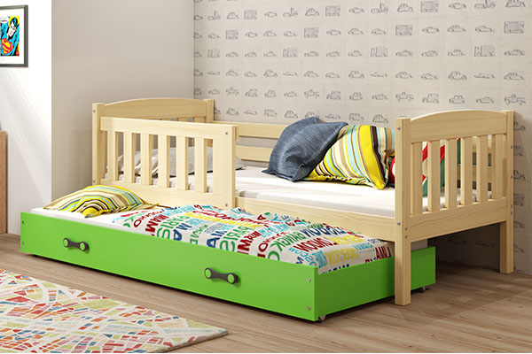 Pat extensibil pentru tineri KUBUŚ 80X190 cu saltea și sertar, pin/verde