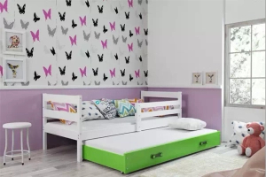 Éric 90x190 pat trundle pentru adolescenți cu saltea și sertar, alb/verde