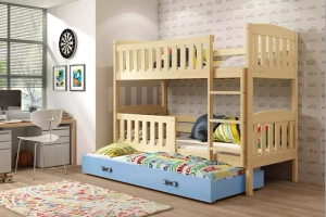 Pat supraetajat pentru adolescenți Jacquot cu 3 locuri 90x190 cu sertar, pin/albastru