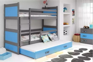 Pat supraetajat pentru adolescenți Rico cu 3 locuri 90x190 cu sertar, gri/albastru