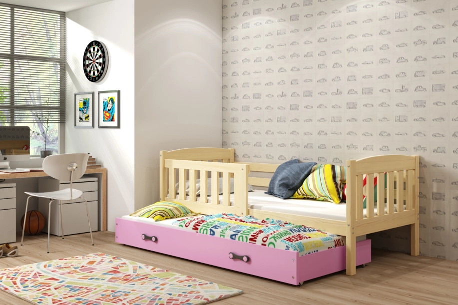 Pat extensibil pentru tineri KUBUŚ 90X200 cu saltea și sertar, pin/roz