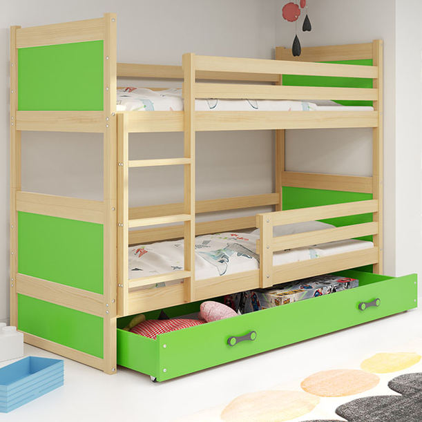 Pat supraetajat junior RICO 90X200 cu sertar, pin/verde