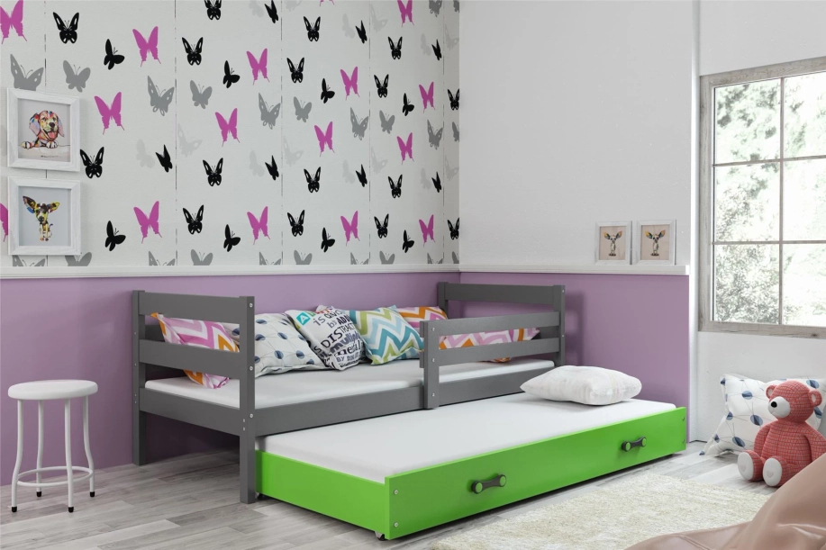 Éric 90x190 pat extensibil pentru adolescenți cu saltea și sertar, gri/verde