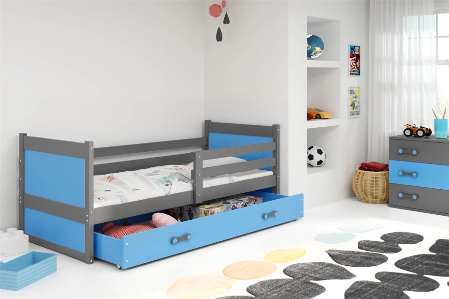 Rico pat single pentru adolescenți 90x190 cu saltea și sertar, gri/albastru