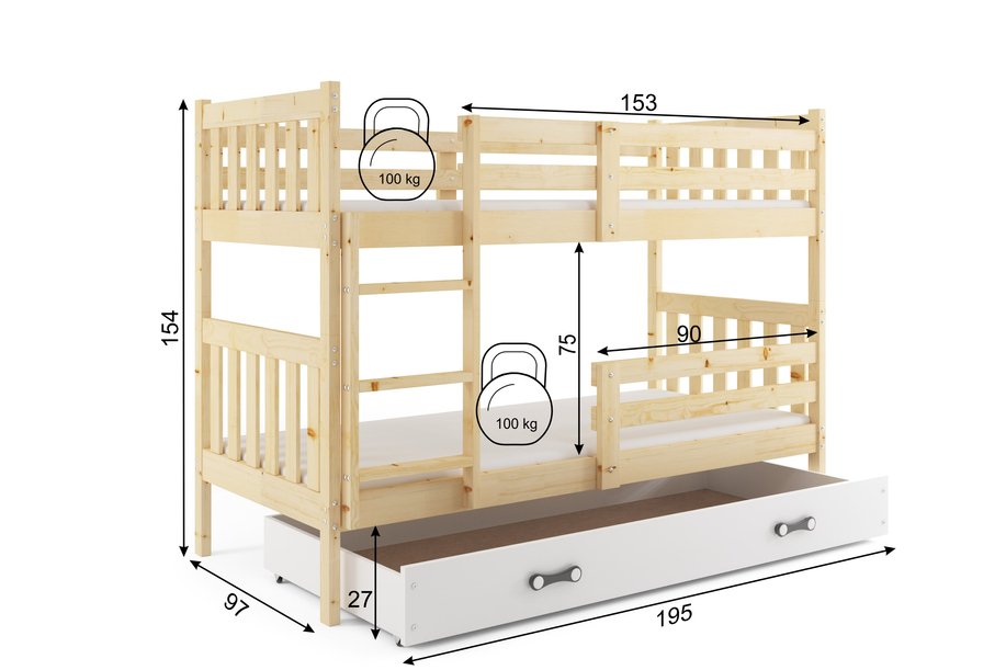 Pat supraetajat junior KACPER 90X190 cu serta, pin/alb