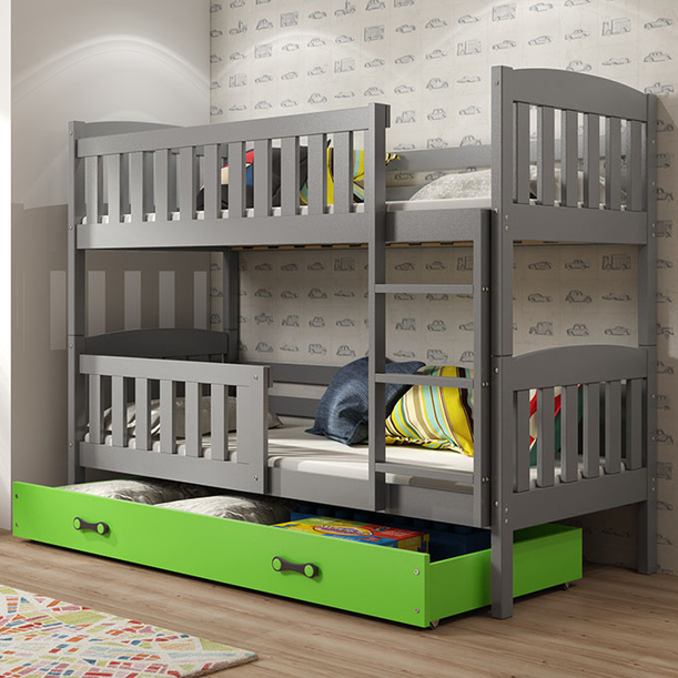 Pat supraetajat KUBUŚ 90X200 cu sertar, grafit/verde