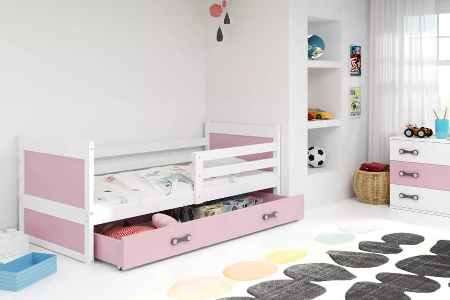 Rico pat single pentru adolescenți 90x190 cu sertar, alb/roz