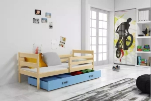 Éric pat single pentru adolescenți 90X190 cu saltea și sertar, pin/albastru