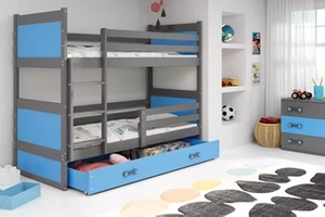 Pat supraetajat pentru tineret RICO 90X200 cu sertar, grafit/albastru