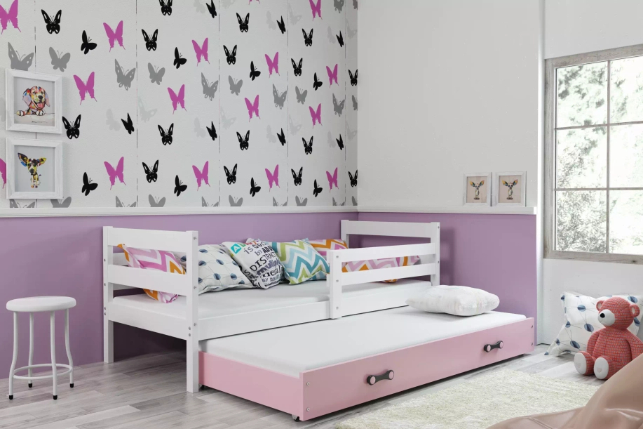 ERYK 80X190 pat extensibil pentru tineri cu saltea și sertar, alb/roz