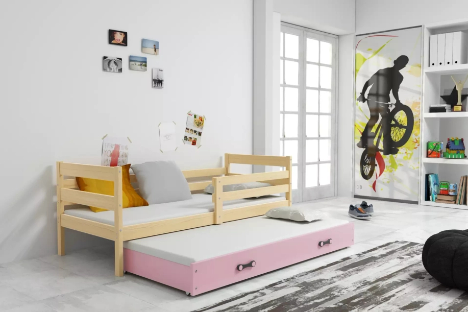 Éric 90x190 pat extensibil pentru adolescenți cu sertar, pin/roz