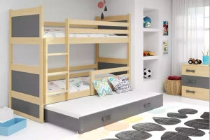 Pat supraetajat pentru adolescenți Rico cu 3 locuri 90x190 cu sertar, pin/gri