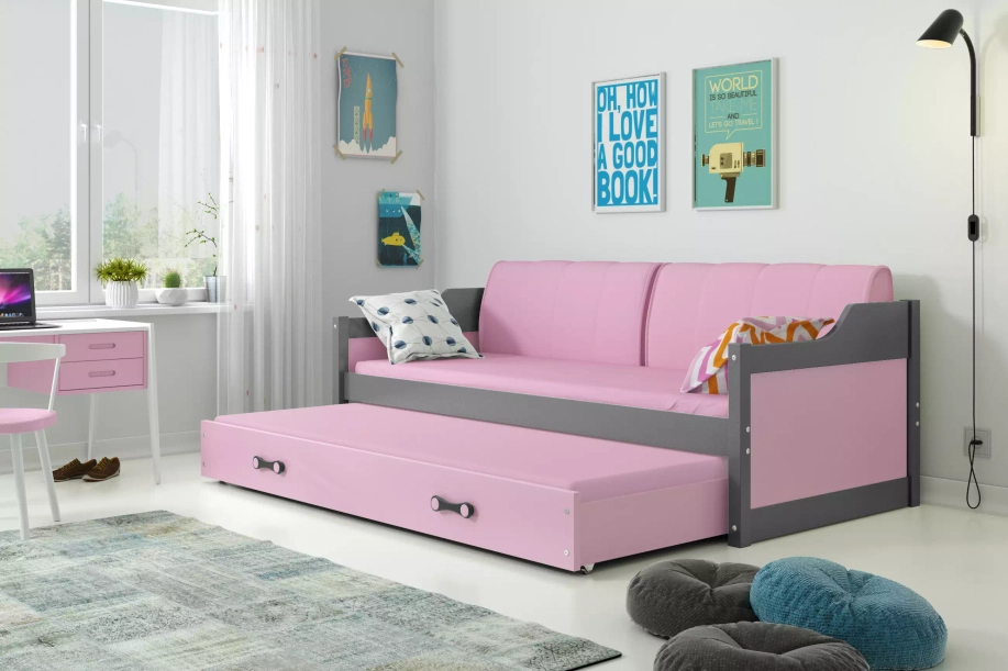DAWID 90X200 pat extensibil pentru tineri cu saltea și sertar, grafit/roz