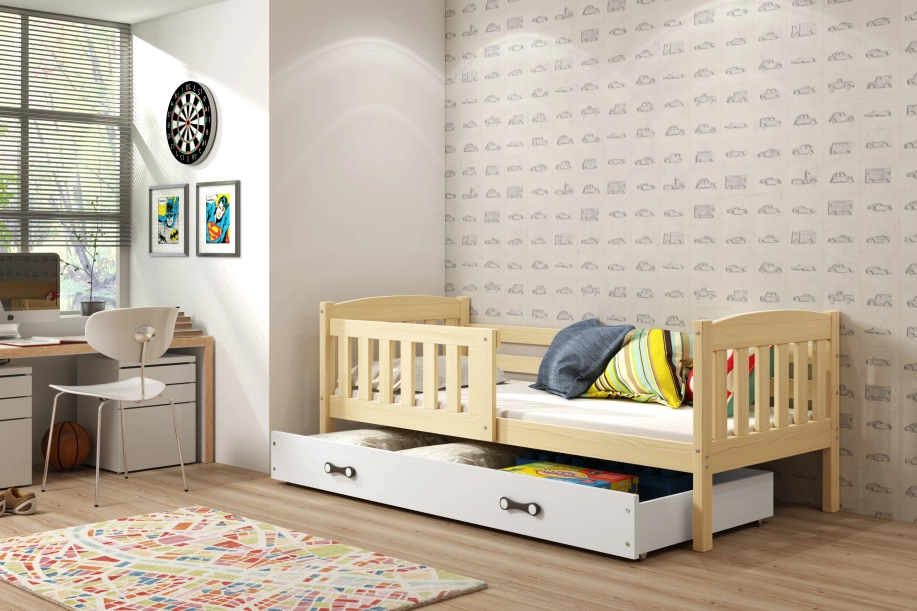 KUBUŚ 90X200 pat single pentru tineri cu saltea și sertar, pin/alb