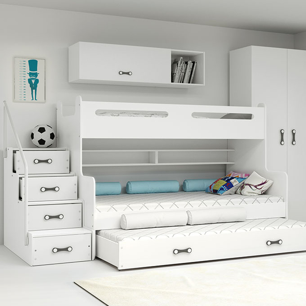 Pat de tineret triplu MAX 3 120X200 cu saltea și sertar, alb