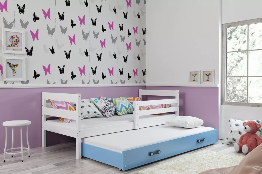 Éric 90x190 pat extensibil pentru adolescenți cu sertar, alb/albastru