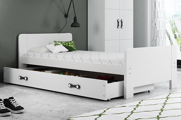 Pat single junior DAREK 80X200 cu saltea și sertar, alb