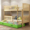 Pat supraetajat pentru adolescenți Jacquot cu 3 locuri 90x190 cu sertar, pin/verde