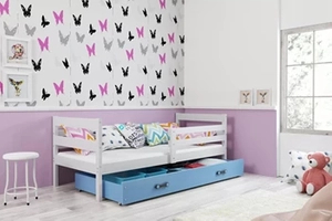 Patul ERYK 90X200 pentru tineri cu sertar, alb/albastru