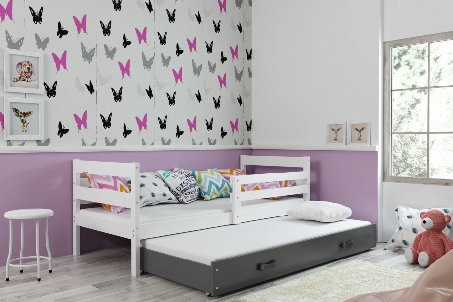 Pat extensibil pentru tineri ERYK 80X190 cu saltea și sertar, alb/grafit
