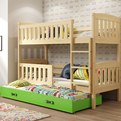 KUBUŚ 90X200 pat de tineret pentru trei persoane cu sertar, pin/verde