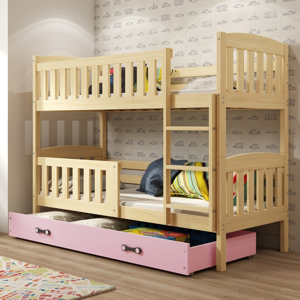 Pat supraetajat junior KUBUŚ 90X200 cu sertar, pin/roz