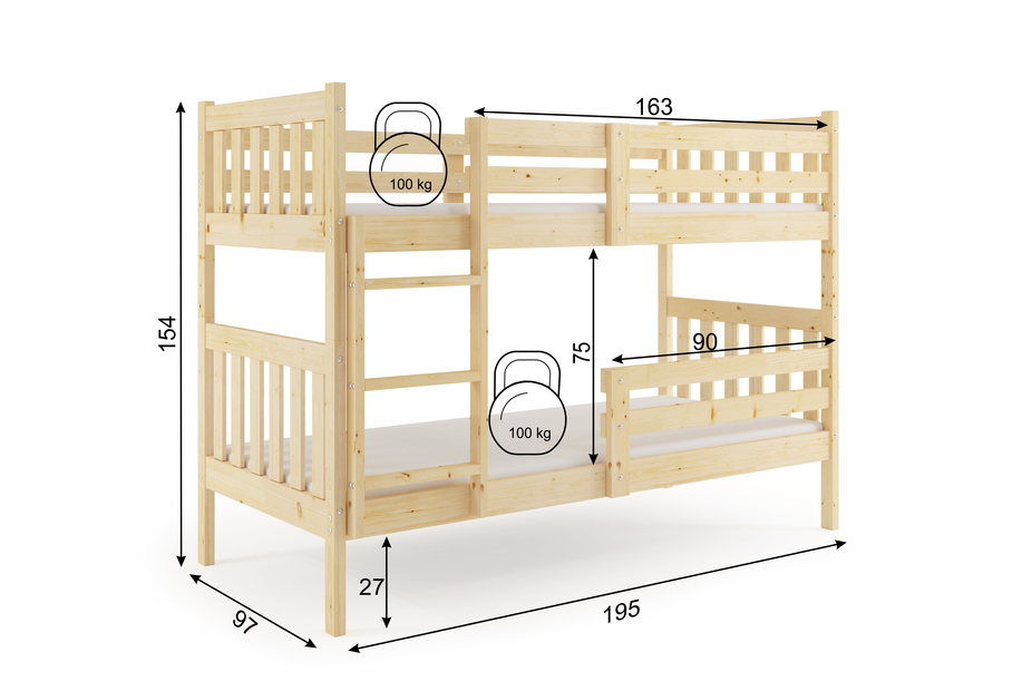 Pat supraetajat junior KACPER 90X190 cu saltea, pin