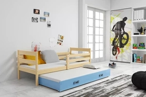 Pat extensibil pentru tineri ERYK 90X200 cu saltea și sertar, pin/albastru