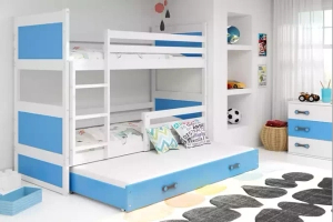 PAT SUPRAETAJAT PENTRU ADOLESCENȚI CU 3 LOCURI RICO CADRU ALB PANOURI ALBASTRE SERTAR ALBASTRU FĂRĂ SALTEA 90 X 190