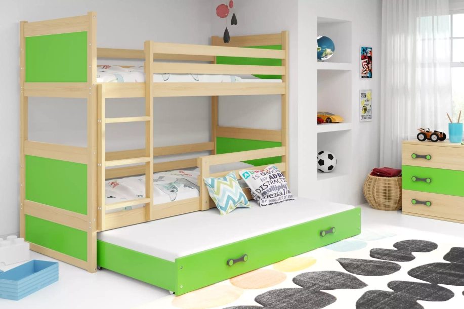 Pat junior pentru trei persoane RICO 90X200 cu sertar, pin/verde