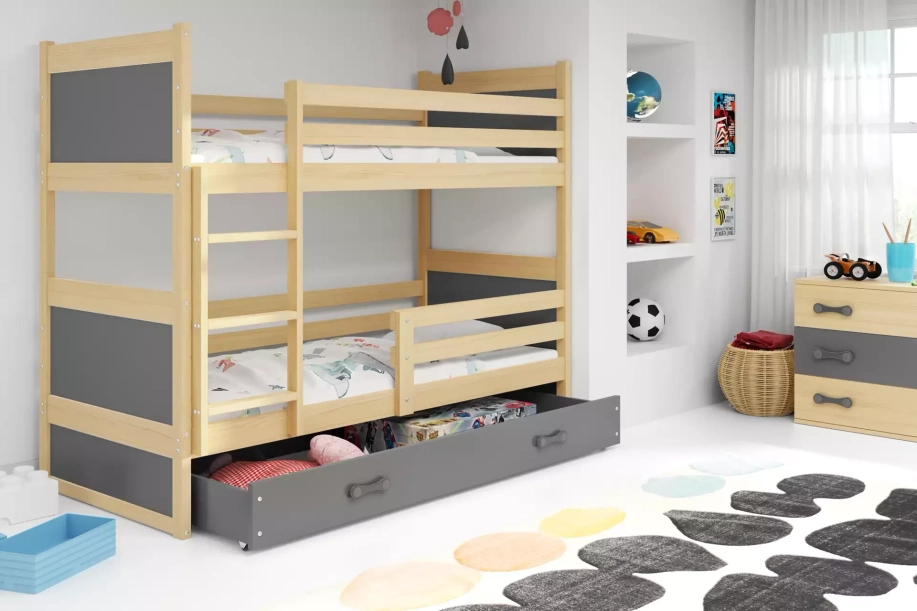 Rico pat supraetajat pentru adolescenți 90x190 cu sertar, pin/gri