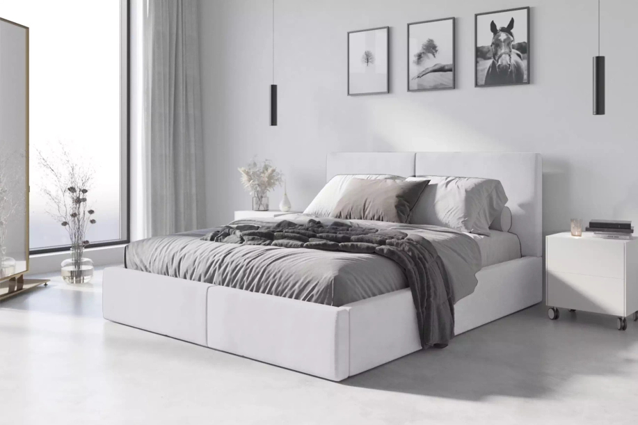 Pat tapițat pentru dormitor HILTON 160X200 cu container, alb