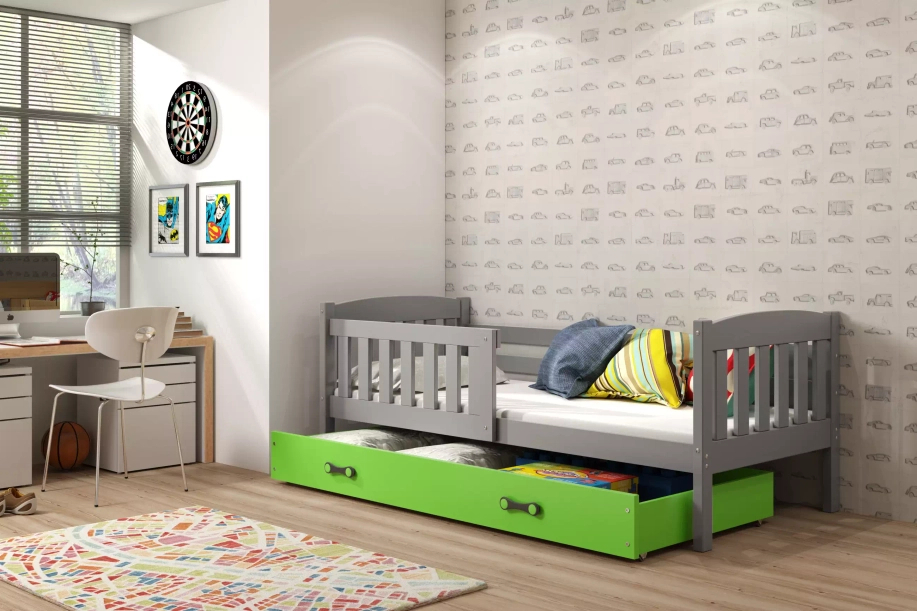 KUBUŚ 80X160 pat simplu pentru copii cu saltea și sertar, grafit/verde