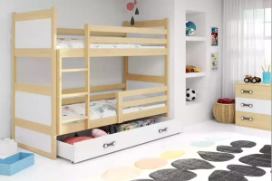 Pat supraetajat Rico 90x190 cu saltea și sertar, pin/alb