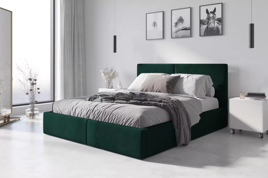 Pat tapițat pentru dormitor HILTON 120X200 cu cutie de depozitare, verde