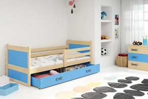 Pat single junior RICO 80X190 cu saltea și sertar, pin/albastru