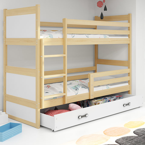 Pat supraetajat pentru tineri RICO 90X200 cu sertar, pin/alb