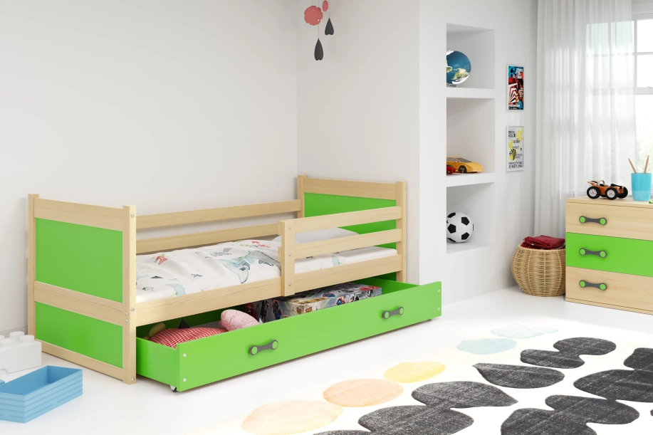 Pat single junior RICO 90X200 cu saltea și sertar, pin/verde