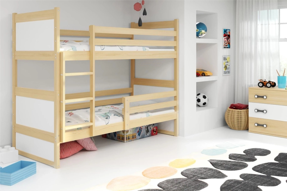 Rico pat supraetajat 90x190 cu saltea, pin/alb