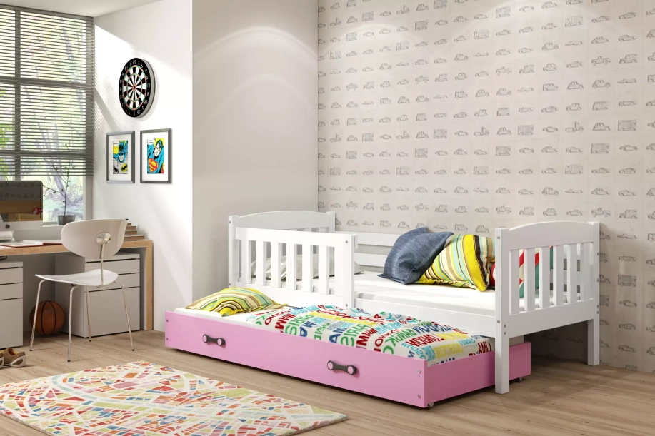KUBUŚ 90X200 pat extensibil pentru tineri cu sertar, alb/roz