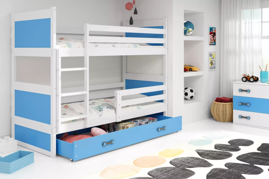 Pat supraetajat pentru tineret RICO 90X200 cu sertar, alb/albastru
