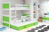 Pat junior pentru trei persoane RICO 90X200 cu saltea și sertar, alb/verde