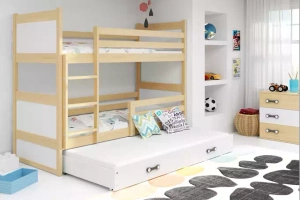 Rico pat supraetajat pentru adolescenți cu 3 locuri 90x190 cu sertar, pin/alb
