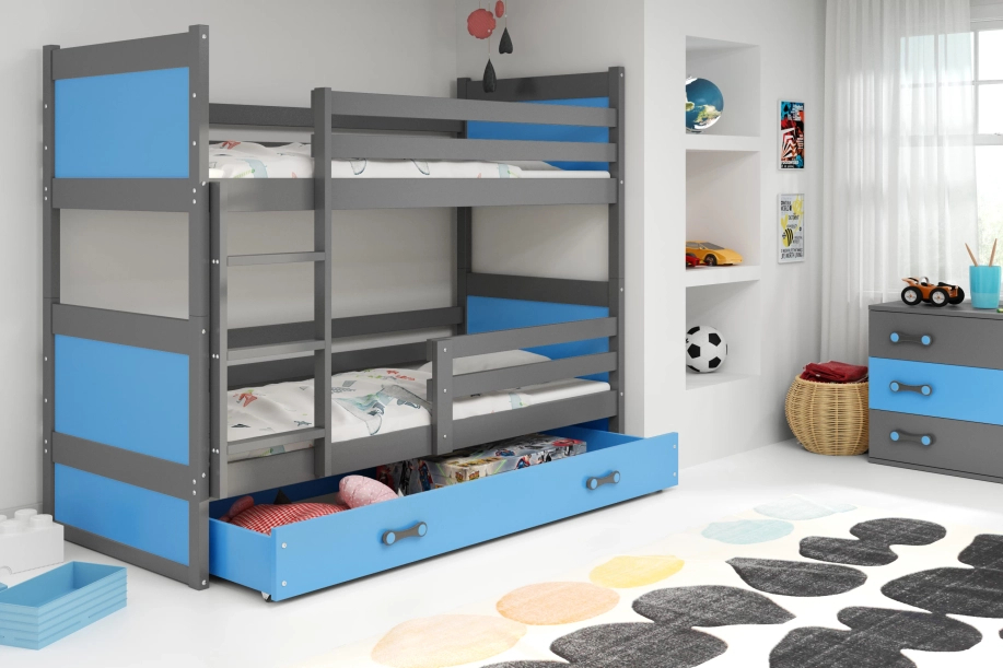 Pat supraetajat pentru tineri RICO 90X200 cu saltea și sertar, grafit/albastru